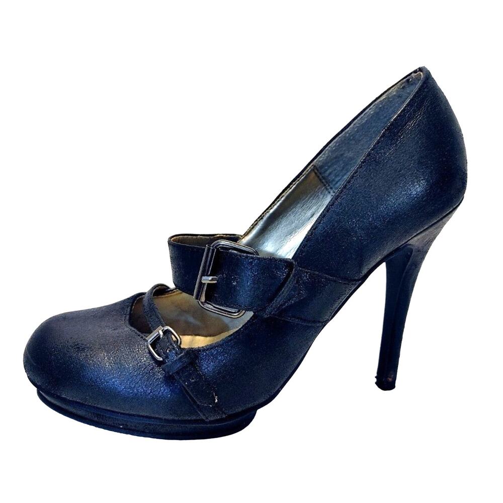 Sarah Jayne Double Buckle Mary Jane High Heel Pumps Faux Leather Black Womens 8